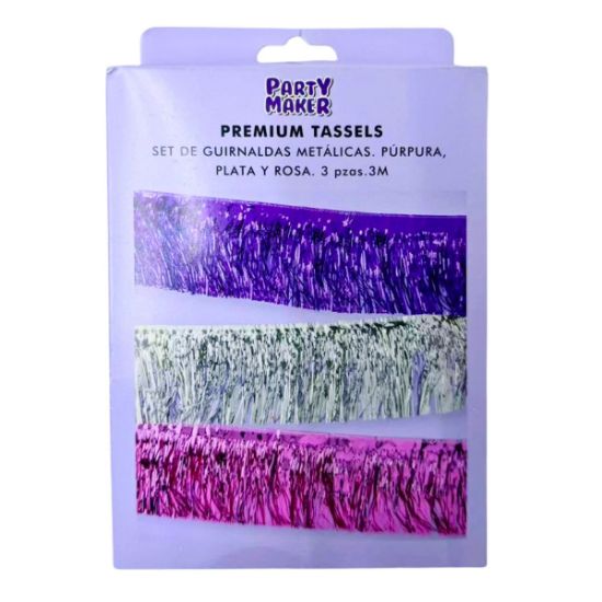 Imagen de SET DE GUIRNALDAS METÁLICAS. PÚRPURA, PLATA Y ROSA. 3 pzas